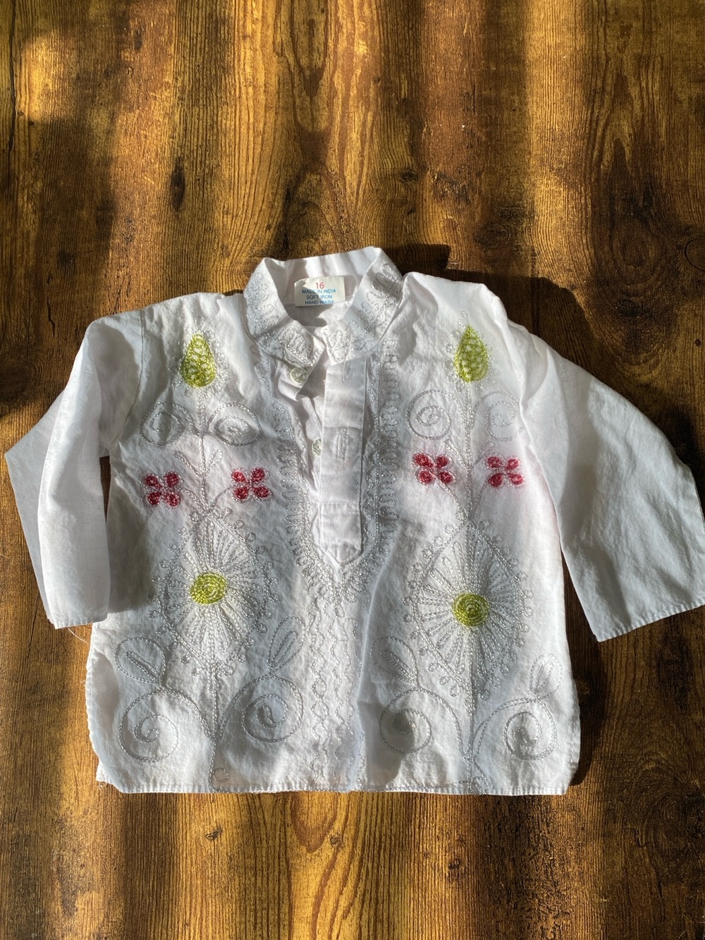 White Embroidered Kids Tunic with Pink & Lime Floral Accents